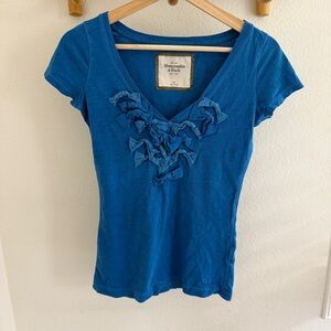 Y2K Blue Abercrombie & Fitch top t-shirt V-neck  with bow details size XS